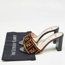 Pre Owned Fendi Brown Velvet FF Logo Slide Sandals Size 37.5