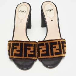 Pre Owned Fendi Brown Velvet FF Logo Slide Sandals Size 37.5