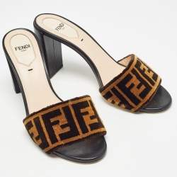 Pre Owned Fendi Brown Velvet FF Logo Slide Sandals Size 37.5