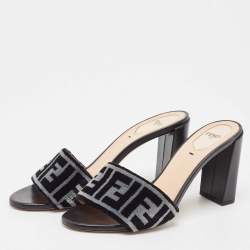 Pre Owned Fendi Grey/Black Zucca Velvet Slide Sandals Size 39