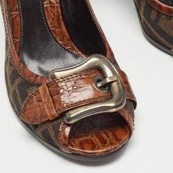 Pre Owned Fendi Brown Crocodile and Canvas Buckle Peep Toe Pumps Size 39