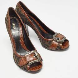 Pre Owned Fendi Brown Crocodile and Canvas Buckle Peep Toe Pumps Size 39