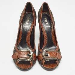 Pre Owned Fendi Brown Crocodile and Canvas Buckle Peep Toe Pumps Size 39