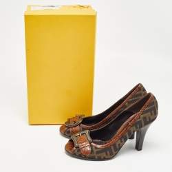 Pre Owned Fendi Brown Crocodile and Canvas Buckle Peep Toe Pumps Size 39