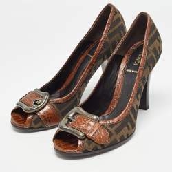 Pre Owned Fendi Brown Crocodile and Canvas Buckle Peep Toe Pumps Size 39