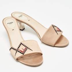 Fendi Beige Satin Crystal Embellished Slide Sandals Size 40 