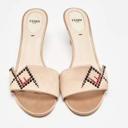 Fendi Beige Satin Crystal Embellished Slide Sandals Size 40 