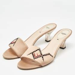 Fendi Beige Satin Crystal Embellished Slide Sandals Size 40 