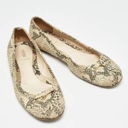 Pre Owned Fendi Beige/Black Embossed Snakeskin Charm Ballet Flats Size 41