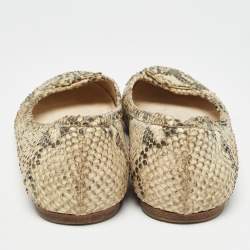 Pre Owned Fendi Beige/Black Embossed Snakeskin Charm Ballet Flats Size 41
