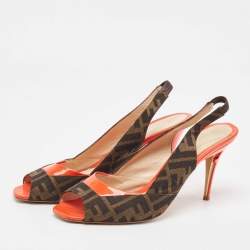 Pre Owned Fendi Brown/Orange Zucca Canvas and Patent Leather Slingback Sandals Size 41