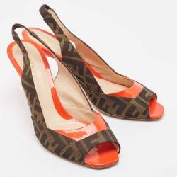Pre Owned Fendi Brown/Orange Zucca Canvas and Patent Leather Slingback Sandals Size 41