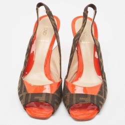 Pre Owned Fendi Brown/Orange Zucca Canvas and Patent Leather Slingback Sandals Size 41