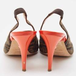 Pre Owned Fendi Brown/Orange Zucca Canvas and Patent Leather Slingback Sandals Size 41
