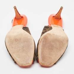 Pre Owned Fendi Brown/Orange Zucca Canvas and Patent Leather Slingback Sandals Size 41