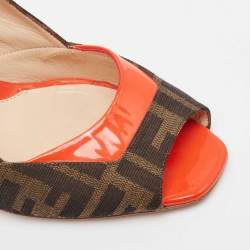 Pre Owned Fendi Brown/Orange Zucca Canvas and Patent Leather Slingback Sandals Size 41