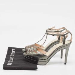 Pre Owned Fendi Metallic Grey Leather Platform T-Strap Sandals Size 36