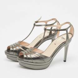 Pre Owned Fendi Metallic Grey Leather Platform T-Strap Sandals Size 36