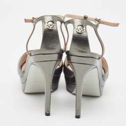 Pre Owned Fendi Metallic Grey Leather Platform T-Strap Sandals Size 36