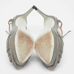 Pre Owned Fendi Metallic Grey Leather Platform T-Strap Sandals Size 36