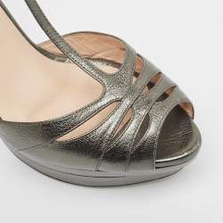 Pre Owned Fendi Metallic Grey Leather Platform T-Strap Sandals Size 36