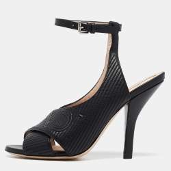 Pre Owned Fendi Black Logo Embossed Leather Slingback Ankle Strap Sandals Size 37