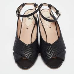 Pre Owned Fendi Black Logo Embossed Leather Slingback Ankle Strap Sandals Size 37