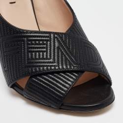 Pre Owned Fendi Black Logo Embossed Leather Slingback Ankle Strap Sandals Size 37