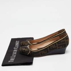 Fendi Brown Zucca Canvas and Leather Bow Wedge Pumps Size 37
