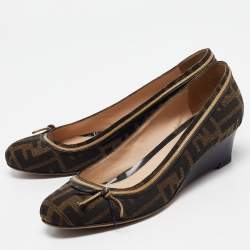 Fendi Brown Zucca Canvas and Leather Bow Wedge Pumps Size 37