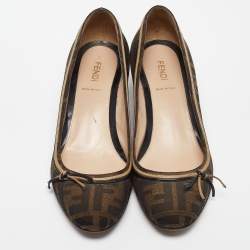 Fendi Brown Zucca Canvas and Leather Bow Wedge Pumps Size 37