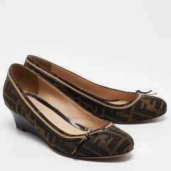 Fendi Brown Zucca Canvas and Leather Bow Wedge Pumps Size 37