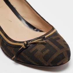 Fendi Brown Zucca Canvas and Leather Bow Wedge Pumps Size 37