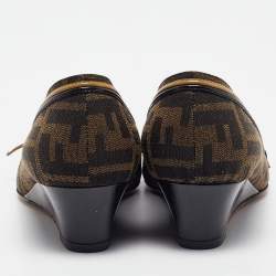 Fendi Brown Zucca Canvas and Leather Bow Wedge Pumps Size 37