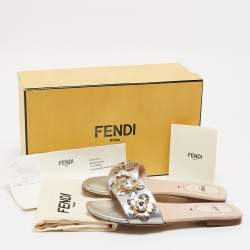 Fendi Silver Leather Flowerland Flat Slides Size 36