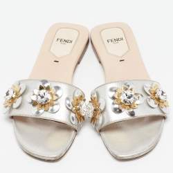 Fendi Silver Leather Flowerland Flat Slides Size 36