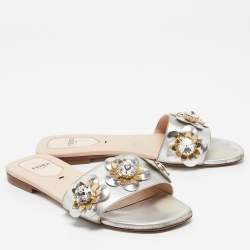 Fendi Silver Leather Flowerland Flat Slides Size 36