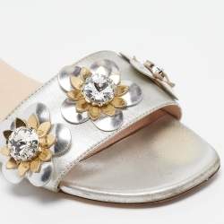 Fendi Silver Leather Flowerland Flat Slides Size 36