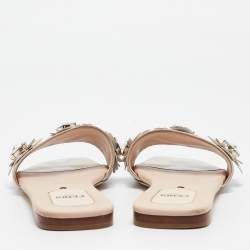 Fendi Silver Leather Flowerland Flat Slides Size 36