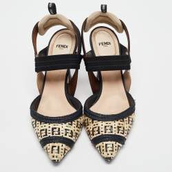 Pre Owned Fendi Beige/Black Woven Raffia Colibri Slingback Pumps Size 38.5