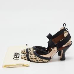 Pre Owned Fendi Beige/Black Woven Raffia Colibri Slingback Pumps Size 38.5
