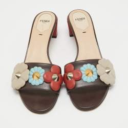 Fendi Brown Leather Flowerland Slide Sandals Size 38