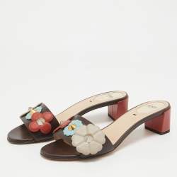 Fendi Brown Leather Flowerland Slide Sandals Size 38