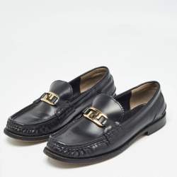 Pre Owned Fendi Black Leather FF Buckle Loafers Size 39