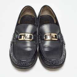 Pre Owned Fendi Black Leather FF Buckle Loafers Size 39