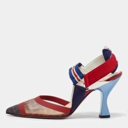 Pre Owned Fendi Brown/Red Zucca Mesh and Leather Colibri Slingback Pumps Size 40