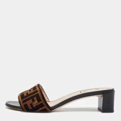 Pre Owned Fendi Brown Zucca Velvet Slide Sandals Size 39