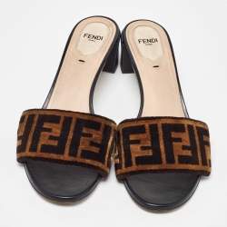 Pre Owned Fendi Brown Zucca Velvet Slide Sandals Size 39
