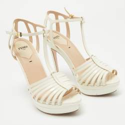 Pre Owned Fendi Cream Patent Leather  T-Strap Sandals Size 37