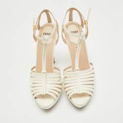 Pre Owned Fendi Cream Patent Leather  T-Strap Sandals Size 37